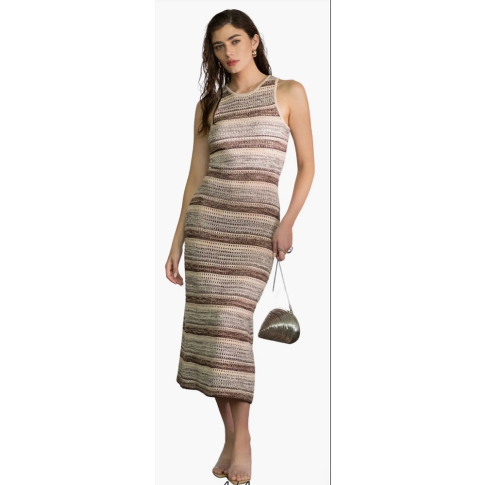 Women's by the River Brown & Beige Striped Crochet Knit Midi Dress M - Picture 4 of 12